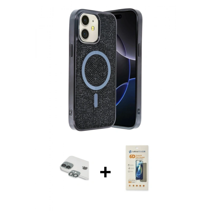 MARSİLYAN™- iPhone 11 Kılıf Eksen Çizgi - Siyah 6D Mat Seramik Hayalet Nano Ekran Koruyucu + Pers Alüminyum Kamera Lens - YL