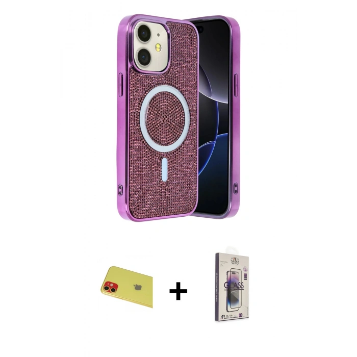 MARSİLYAN™- iPhone 11 Kılıf Eksen Çizgi - Siyah Bilvis 3D Cam Ekran Koruyucu + Rainbow Kamera Lens Koruma Cam - KI