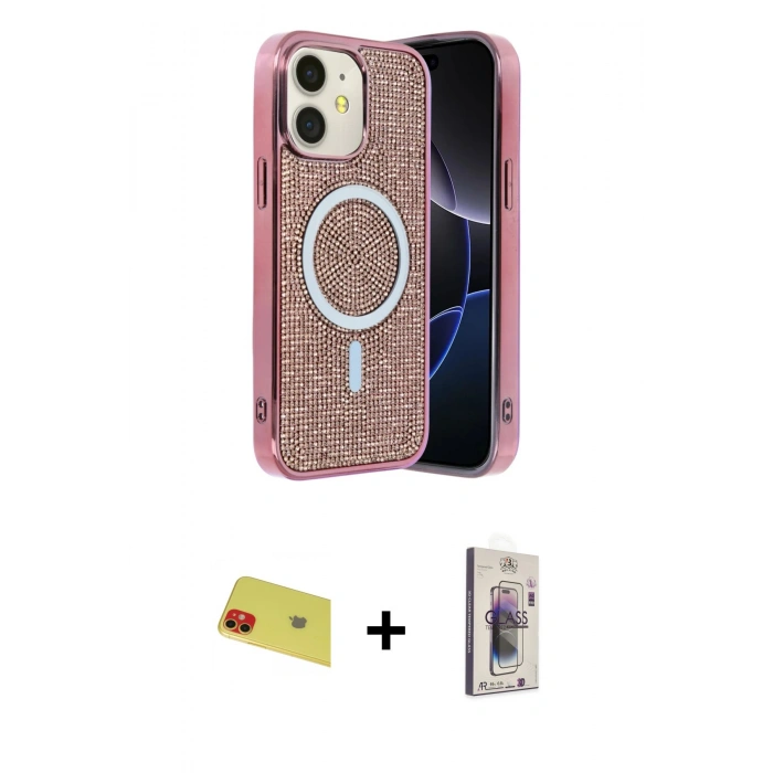 MARSİLYAN™- iPhone 11 Kılıf Eksen Çizgi - Siyah Bilvis 3D Cam Ekran Koruyucu + Rainbow Kamera Lens Koruma Cam - KI