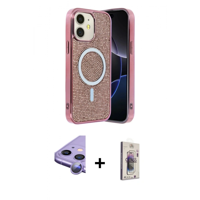 MARSİLYAN™- iPhone 11 Kılıf Eksen Çizgi - Siyah Bilvis 3D Cam Ekran Koruyucu + Raze Metal Kamera Lens - MR