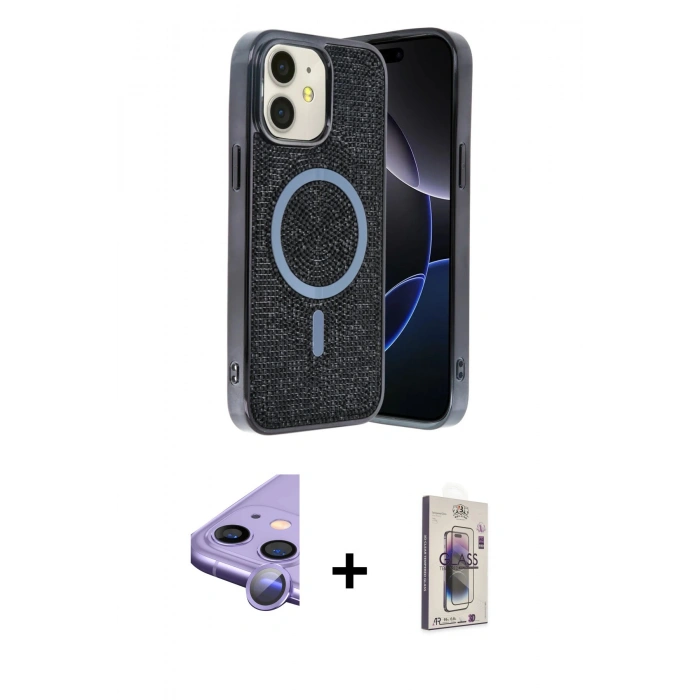 MARSİLYAN™- iPhone 11 Kılıf Eksen Çizgi - Siyah Bilvis 3D Cam Ekran Koruyucu + Raze Metal Kamera Lens - MR