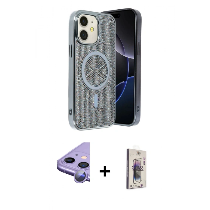 MARSİLYAN™- iPhone 11 Kılıf Eksen Çizgi - Siyah Bilvis 3D Cam Ekran Koruyucu + Raze Metal Kamera Lens - MR