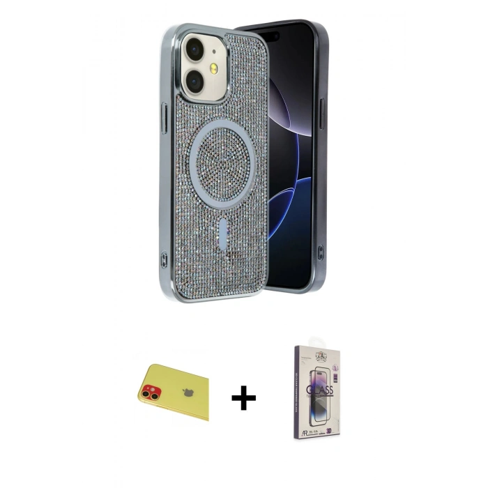 MARSİLYAN™- iPhone 11 Kılıf Eksen Çizgi - Siyah Bilvis 3D Cam Ekran Koruyucu + Rainbow Kamera Lens Koruma Cam - KI