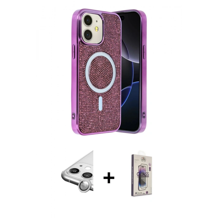 MARSİLYAN™- iPhone 11 Kılıf Eksen Çizgi - Siyah Bilvis 3D Cam Ekran Koruyucu + Raze Metal Kamera Lens - GS