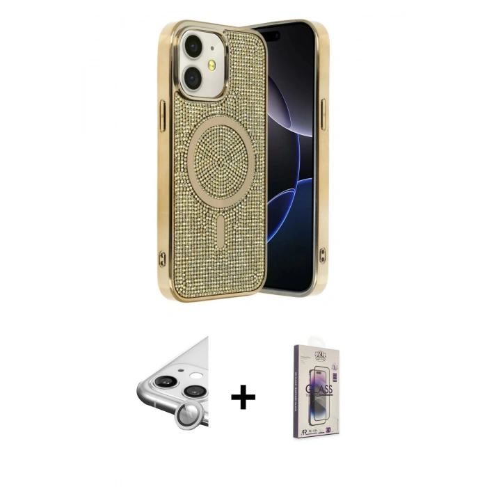 MARSİLYAN™- iPhone 11 Kılıf Eksen Çizgi - Siyah Bilvis 3D Cam Ekran Koruyucu + Raze Metal Kamera Lens - GS