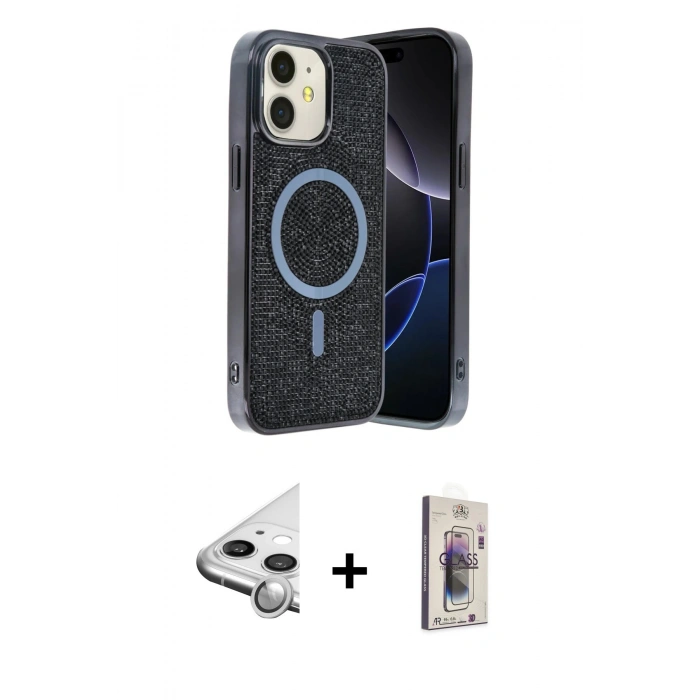 MARSİLYAN™- iPhone 11 Kılıf Eksen Çizgi - Siyah Bilvis 3D Cam Ekran Koruyucu + Raze Metal Kamera Lens - GS