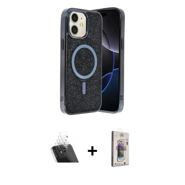 MARSİLYAN™- iPhone 11 Kılıf Eksen Çizgi - Siyah Bilvis 3D Cam Ekran Koruyucu + Kamera Lens Koruma Cam - SF