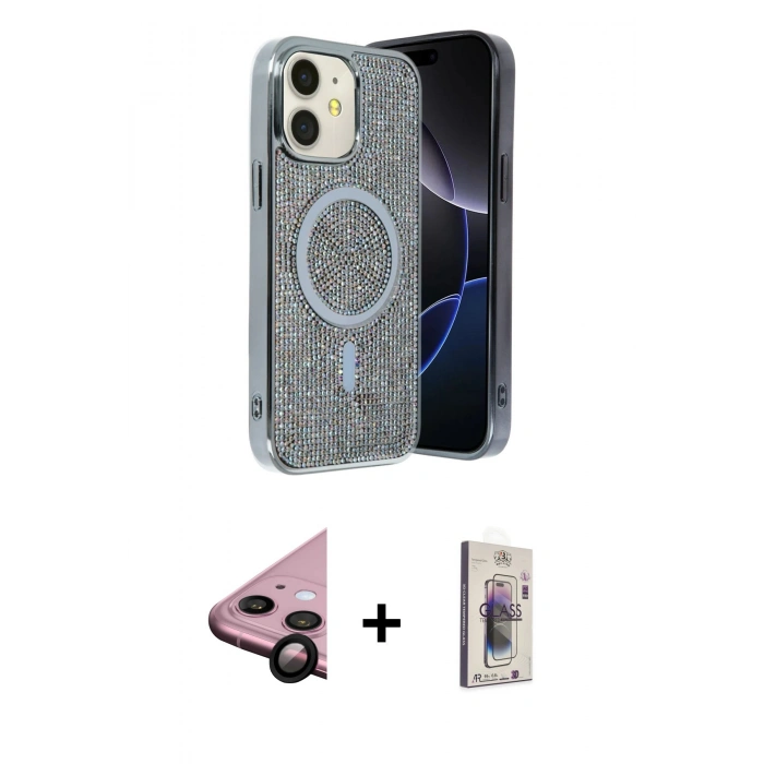 MARSİLYAN™- iPhone 11 Kılıf Eksen Çizgi - Siyah Bilvis 3D Cam Ekran Koruyucu + Raze Metal Kamera Lens - SH