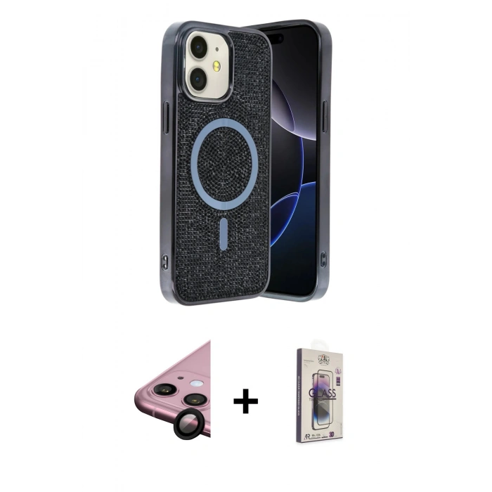 MARSİLYAN™- iPhone 11 Kılıf Eksen Çizgi - Siyah Bilvis 3D Cam Ekran Koruyucu + Raze Metal Kamera Lens - SH