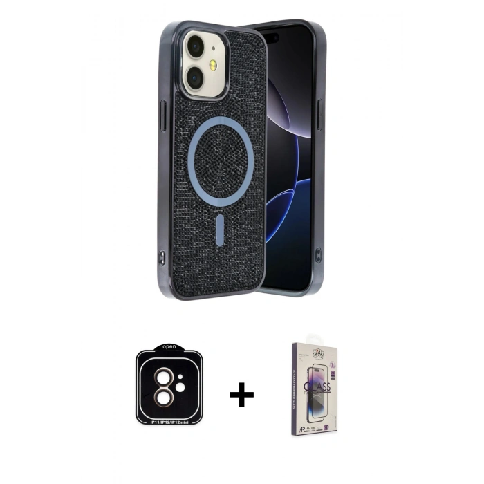 MARSİLYAN™- iPhone 11 Kılıf Eksen Çizgi - Siyah Bilvis 3D Cam Ekran Koruyucu + PVD Metal Kamera Lens - TU