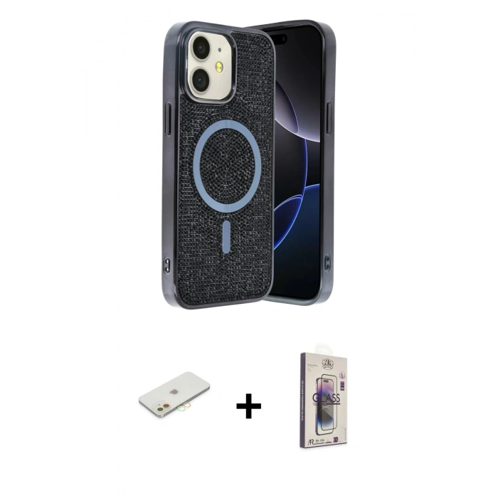 MARSİLYAN™- iPhone 11 Kılıf Eksen Çizgi - Siyah Bilvis 3D Cam Ekran Koruyucu + Turuncu Renkli Kamera Lens Koruma Cam