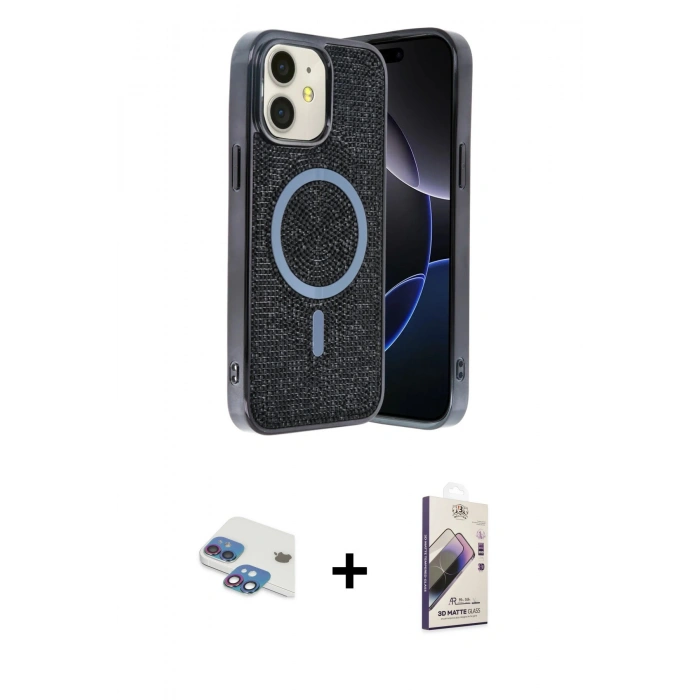 MARSİLYAN™- iPhone 11 Kılıf Eksen Çizgi - Siyah Bilvis 3D Mat Cam Ekran Koruyucu + Pers Alüminyum Kamera Lens - GI