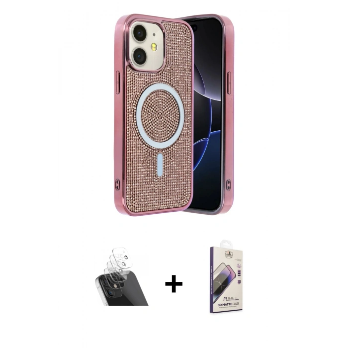 MARSİLYAN™- iPhone 11 Kılıf Eksen Çizgi - Siyah Bilvis 3D Mat Cam Ekran Koruyucu + Kamera Lens Koruma Cam - SF