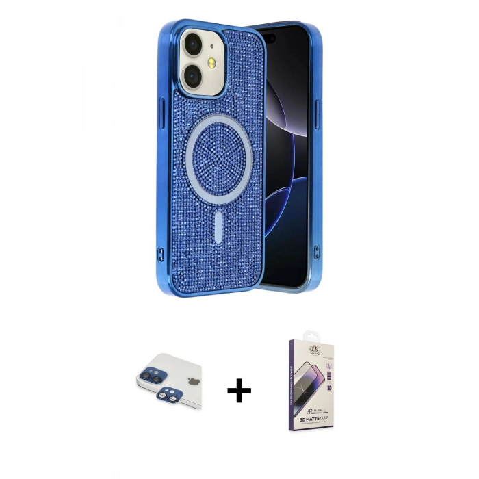MARSİLYAN™- iPhone 11 Kılıf Eksen Çizgi - Siyah Bilvis 3D Mat Cam Ekran Koruyucu + Lacivert Pers Alüminyum Kamera Lens