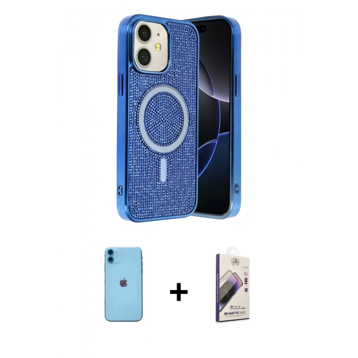 MARSİLYAN™- iPhone 11 Kılıf Eksen Çizgi - Siyah Bilvis 3D Mat Cam Ekran Koruyucu + Neon Fosforlu Kamera Lens - MI