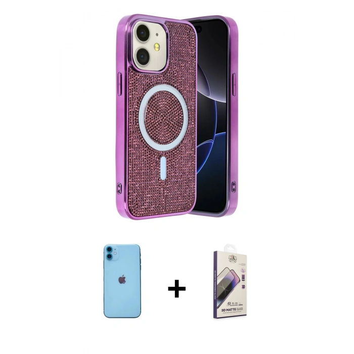 MARSİLYAN™- iPhone 11 Kılıf Eksen Çizgi - Siyah Bilvis 3D Mat Cam Ekran Koruyucu + Neon Fosforlu Kamera Lens - MI