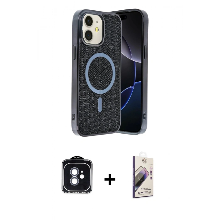 MARSİLYAN™- iPhone 11 Kılıf Eksen Çizgi - Siyah Bilvis 3D Mat Cam Ekran Koruyucu + PVD Metal Kamera Lens - MI