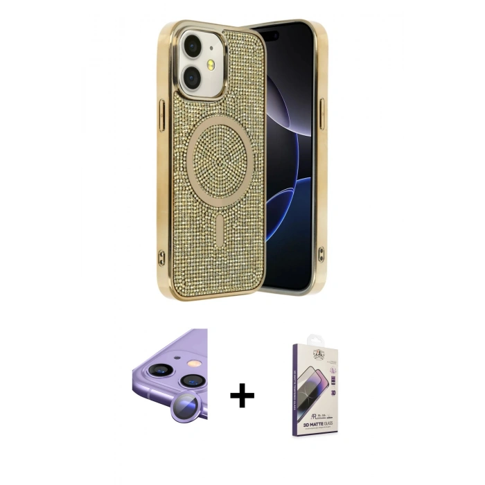 MARSİLYAN™- iPhone 11 Kılıf Eksen Çizgi - Siyah Bilvis 3D Mat Cam Ekran Koruyucu + Raze Metal Kamera Lens - MR