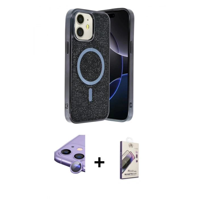 MARSİLYAN™- iPhone 11 Kılıf Eksen Çizgi - Siyah Bilvis 3D Mat Cam Ekran Koruyucu + Raze Metal Kamera Lens - MR