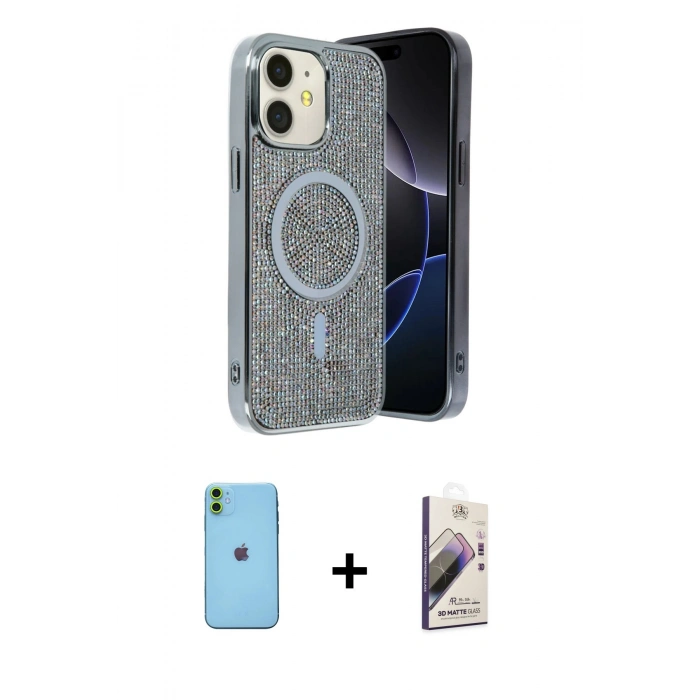MARSİLYAN™- iPhone 11 Kılıf Eksen Çizgi - Siyah Bilvis 3D Mat Cam Ekran Koruyucu + Neon Fosforlu Kamera Lens - YL