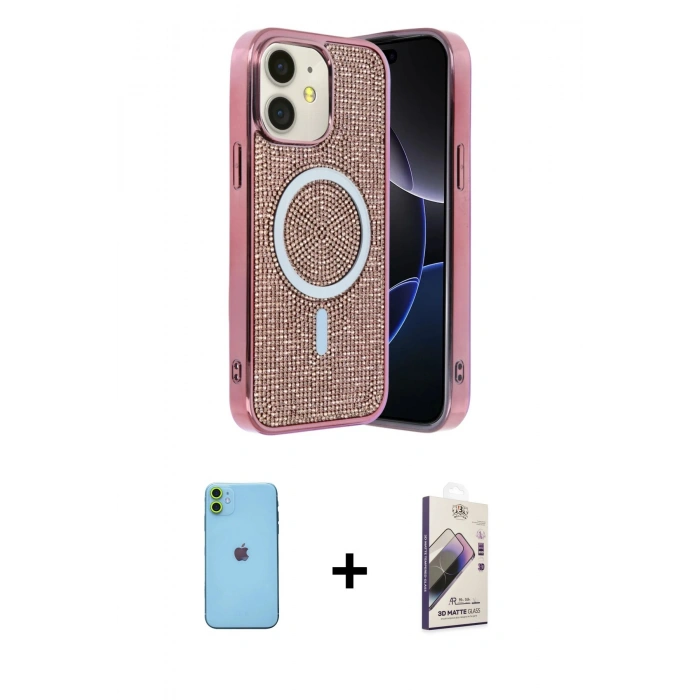 MARSİLYAN™- iPhone 11 Kılıf Eksen Çizgi - Siyah Bilvis 3D Mat Cam Ekran Koruyucu + Neon Fosforlu Kamera Lens - YL