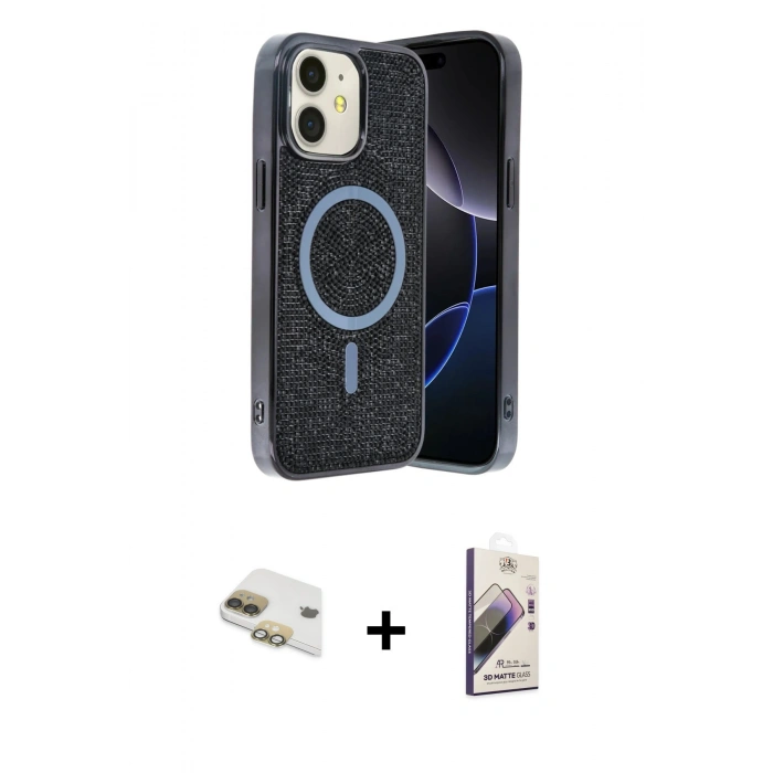MARSİLYAN™- iPhone 11 Kılıf Eksen Çizgi - Siyah Bilvis 3D Mat Cam Ekran Koruyucu + Pers Alüminyum Kamera Lens - GD