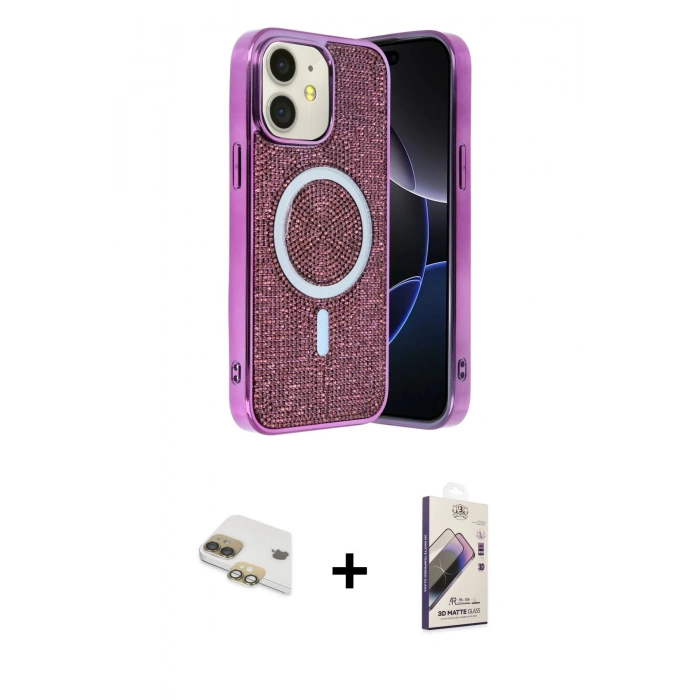 MARSİLYAN™- iPhone 11 Kılıf Eksen Çizgi - Siyah Bilvis 3D Mat Cam Ekran Koruyucu + Pers Alüminyum Kamera Lens - GD