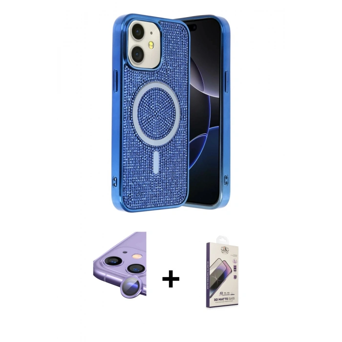 MARSİLYAN™- iPhone 11 Kılıf Eksen Çizgi - Siyah Bilvis 3D Mat Cam Ekran Koruyucu + Raze Metal Kamera Lens - MR