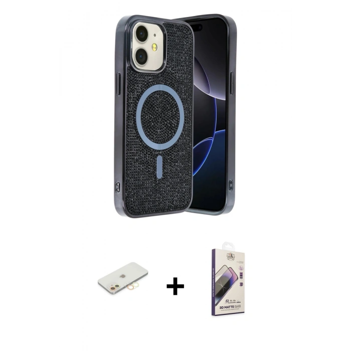 MARSİLYAN™- iPhone 11 Kılıf Eksen Çizgi - Siyah Bilvis 3D Mat Cam Ekran Koruyucu + Renkli Kamera Lens Koruma Cam - SI