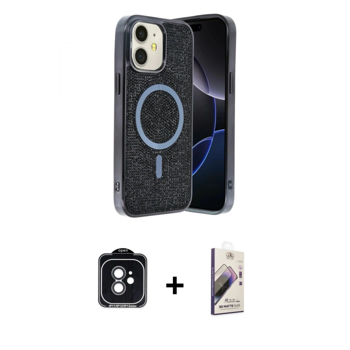 MARSİLYAN™- iPhone 11 Kılıf Eksen Çizgi - Siyah Bilvis 3D Mat Cam Ekran Koruyucu + PVD Metal Kamera Lens - SH