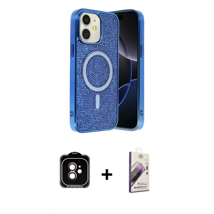 MARSİLYAN™- iPhone 11 Kılıf Eksen Çizgi - Siyah Bilvis 3D Mat Cam Ekran Koruyucu + PVD Metal Kamera Lens - TU