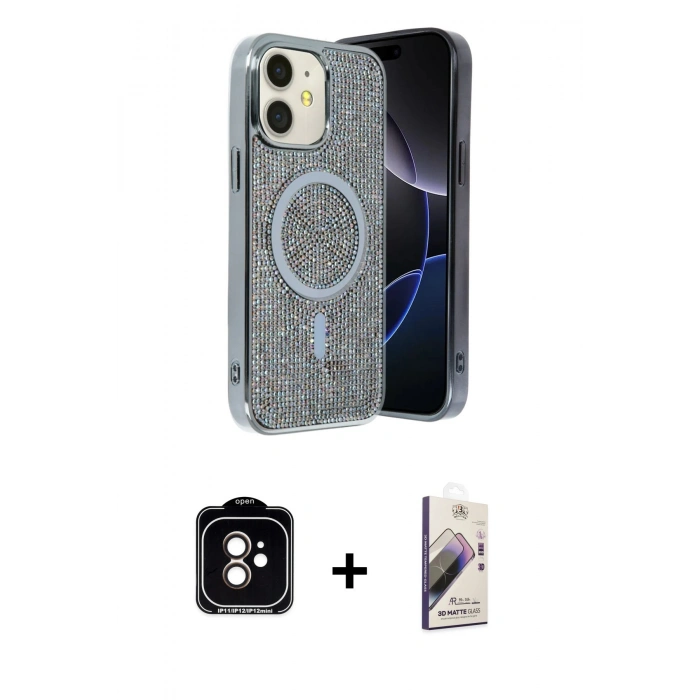 MARSİLYAN™- iPhone 11 Kılıf Eksen Çizgi - Siyah Bilvis 3D Mat Cam Ekran Koruyucu + PVD Metal Kamera Lens - TU