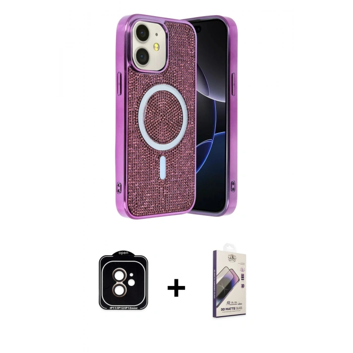 MARSİLYAN™- iPhone 11 Kılıf Eksen Çizgi - Siyah Bilvis 3D Mat Cam Ekran Koruyucu + PVD Metal Kamera Lens - TU