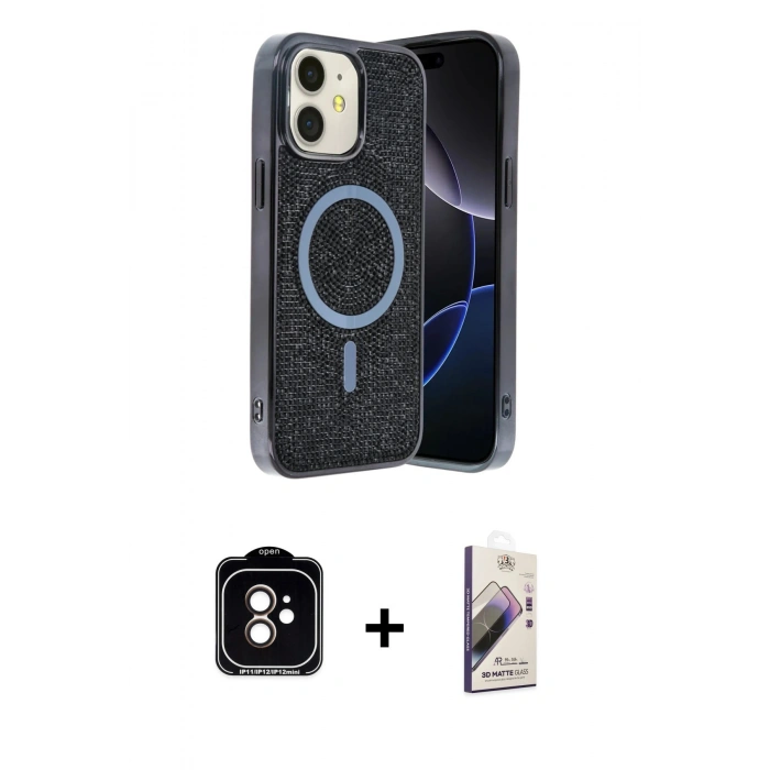 MARSİLYAN™- iPhone 11 Kılıf Eksen Çizgi - Siyah Bilvis 3D Mat Cam Ekran Koruyucu + PVD Metal Kamera Lens - TU