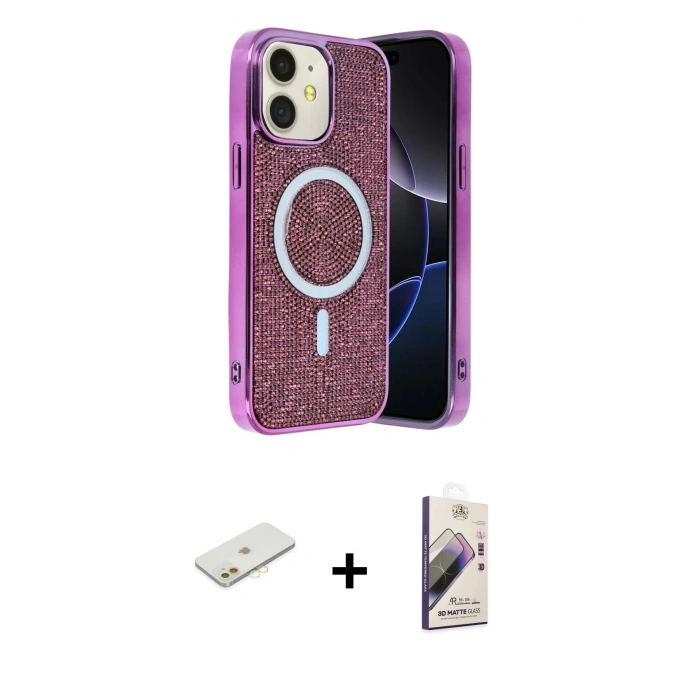 MARSİLYAN™- iPhone 11 Kılıf Eksen Çizgi - Siyah Bilvis 3D Mat Cam Ekran Koruyucu + Turuncu Renkli Kamera Lens Koruma Cam