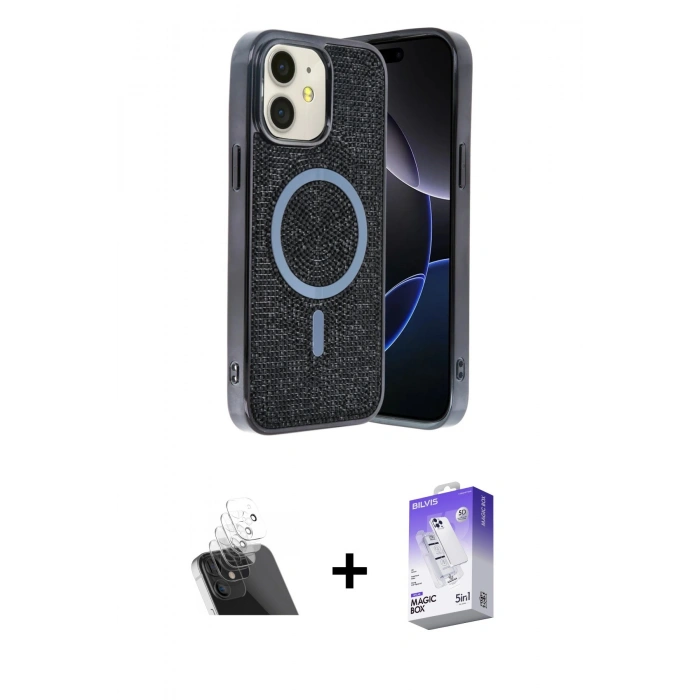 MARSİLYAN™- iPhone 11 Kılıf Eksen Çizgi - Siyah Bilvis 5in1 3D Magic Cam Ekran Koruyucu + Kamera Lens Koruma Cam - SF
