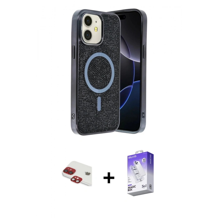 MARSİLYAN™- iPhone 11 Kılıf Eksen Çizgi - Siyah Bilvis 5in1 3D Magic Cam Ekran Koruyucu + Kırmızı Pers Alüminyum Kamera Lens