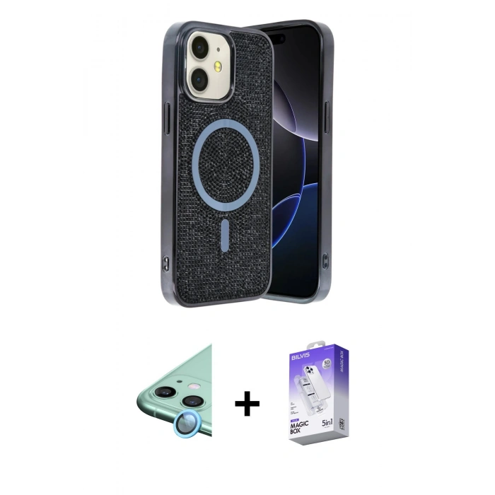 MARSİLYAN™- iPhone 11 Kılıf Eksen Çizgi - Siyah Bilvis 5in1 3D Magic Cam Ekran Koruyucu + Raze Metal Kamera Lens - MI