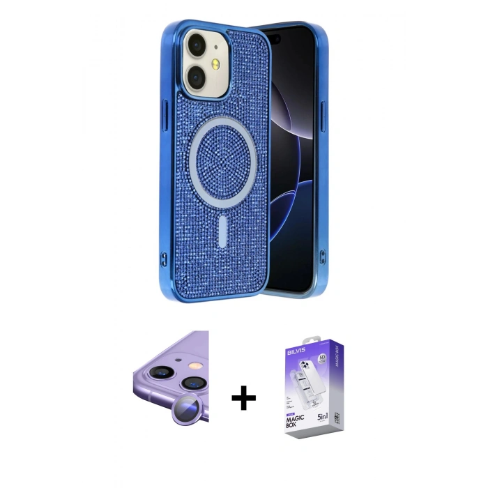 MARSİLYAN™- iPhone 11 Kılıf Eksen Çizgi - Siyah Bilvis 5in1 3D Magic Cam Ekran Koruyucu + Raze Metal Kamera Lens - MR