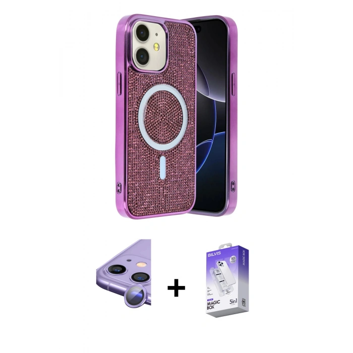 MARSİLYAN™- iPhone 11 Kılıf Eksen Çizgi - Siyah Bilvis 5in1 3D Magic Cam Ekran Koruyucu + Raze Metal Kamera Lens - MR