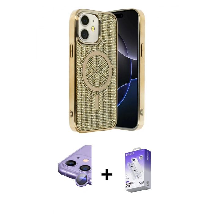 MARSİLYAN™- iPhone 11 Kılıf Eksen Çizgi - Siyah Bilvis 5in1 3D Magic Cam Ekran Koruyucu + Raze Metal Kamera Lens - MR