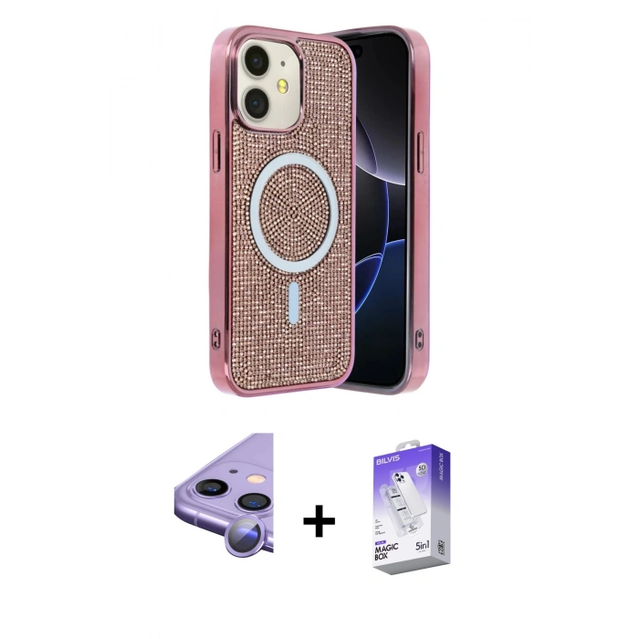 MARSİLYAN™- iPhone 11 Kılıf Eksen Çizgi - Siyah Bilvis 5in1 3D Magic Cam Ekran Koruyucu + Raze Metal Kamera Lens - MR