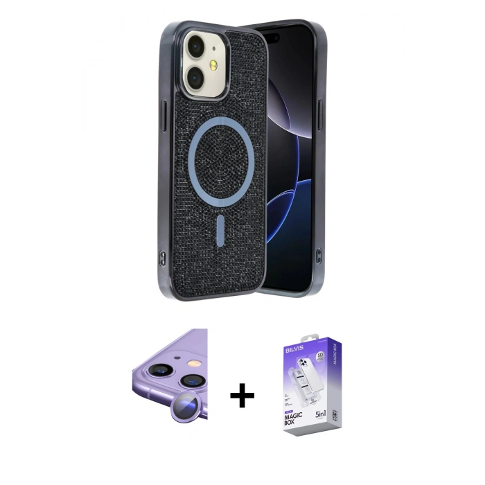 MARSİLYAN™- iPhone 11 Kılıf Eksen Çizgi - Siyah Bilvis 5in1 3D Magic Cam Ekran Koruyucu + Raze Metal Kamera Lens - MR