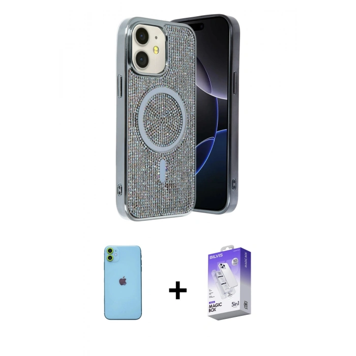 MARSİLYAN™- iPhone 11 Kılıf Eksen Çizgi - Siyah Bilvis 5in1 3D Magic Cam Ekran Koruyucu + Neon Fosforlu Kamera Lens - YL