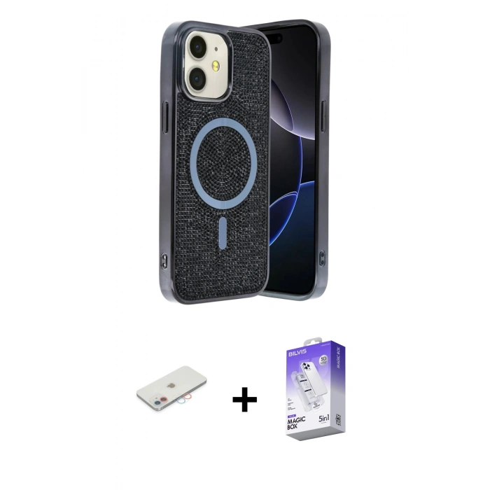 MARSİLYAN™- iPhone 11 Kılıf Eksen Çizgi - Siyah Bilvis 5in1 3D Magic Cam Ekran Koruyucu + Pembe Renkli Kamera Lens Koruma Cam