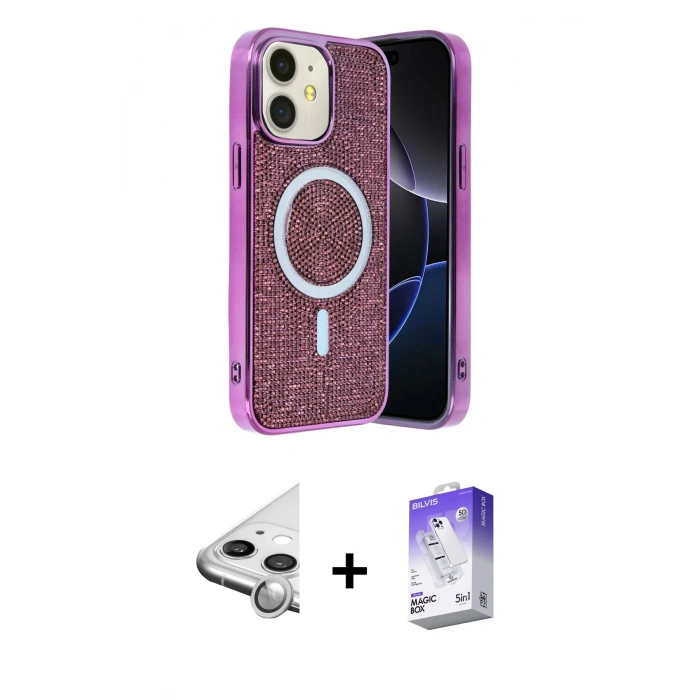 MARSİLYAN™- iPhone 11 Kılıf Eksen Çizgi - Siyah Bilvis 5in1 3D Magic Cam Ekran Koruyucu + Raze Metal Kamera Lens - GS