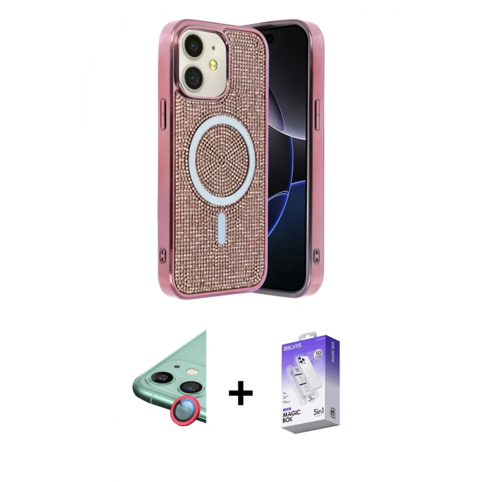 MARSİLYAN™- iPhone 11 Kılıf Eksen Çizgi - Siyah Bilvis 5in1 3D Magic Cam Ekran Koruyucu + Raze Metal Kamera Lens - KI