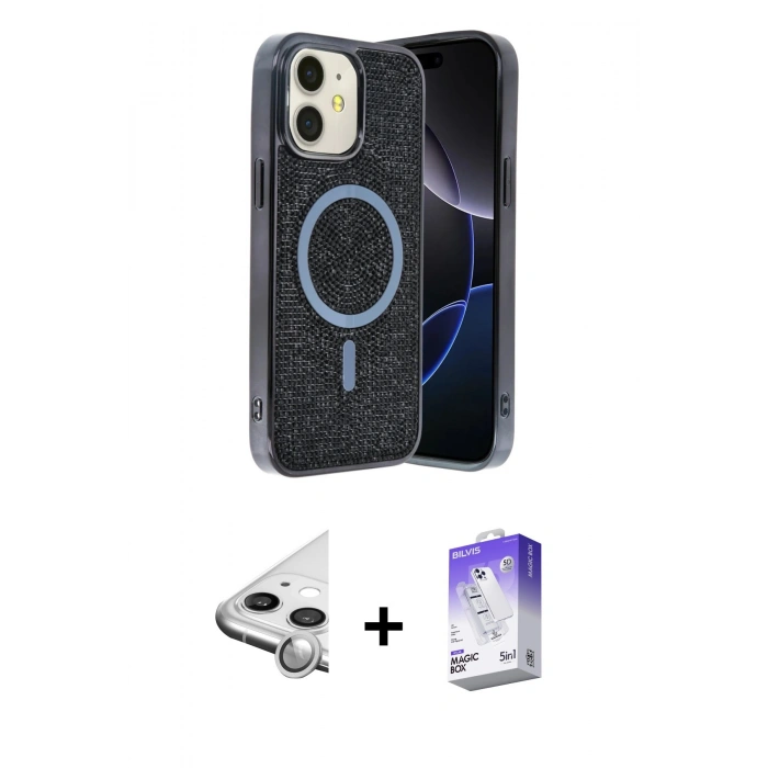 MARSİLYAN™- iPhone 11 Kılıf Eksen Çizgi - Siyah Bilvis 5in1 3D Magic Cam Ekran Koruyucu + Raze Metal Kamera Lens - GS