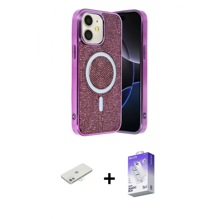 MARSİLYAN™- iPhone 11 Kılıf Eksen Çizgi - Siyah Bilvis 5in1 3D Magic Cam Ekran Koruyucu + Renkli Kamera Lens Koruma Cam - SI