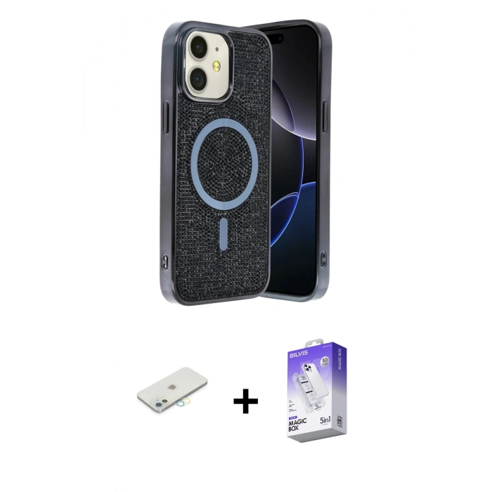 MARSİLYAN™- iPhone 11 Kılıf Eksen Çizgi - Siyah Bilvis 5in1 3D Magic Cam Ekran Koruyucu + Renkli Kamera Lens Koruma Cam - SI